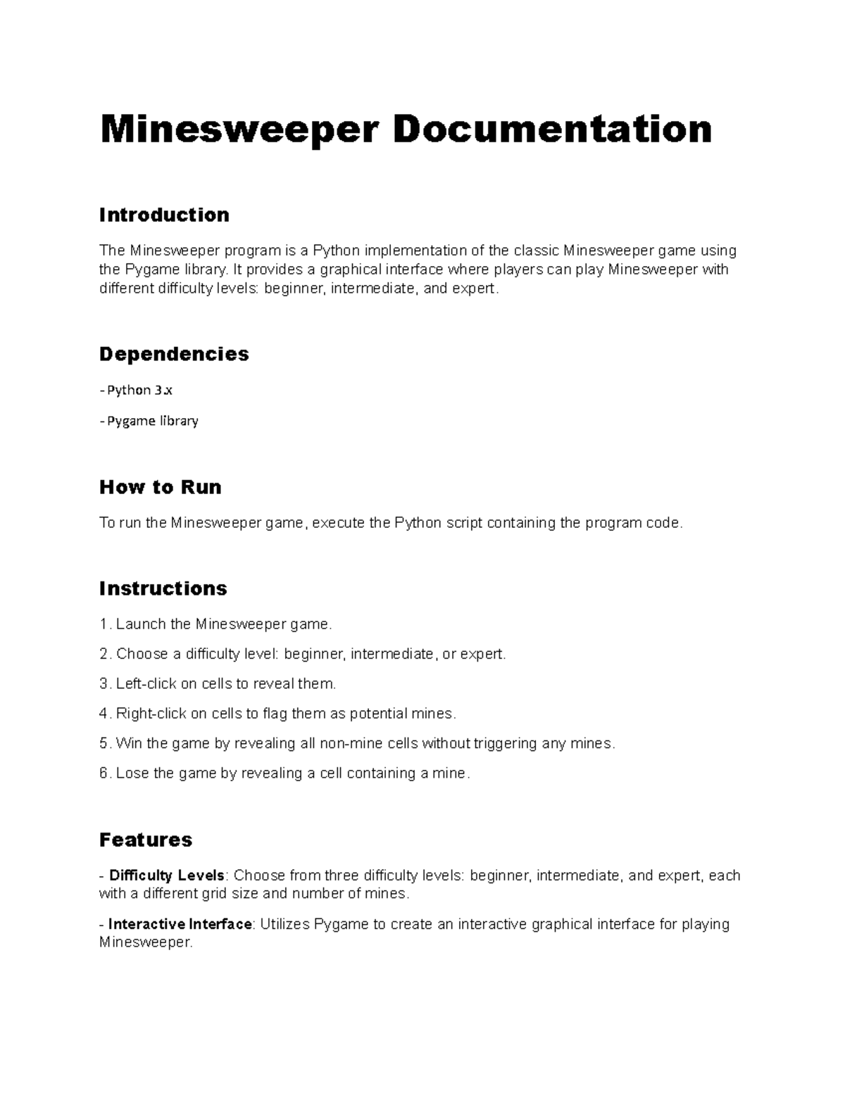 Minesweeper Game Documentation: Python & Pygame Overview - Studocu