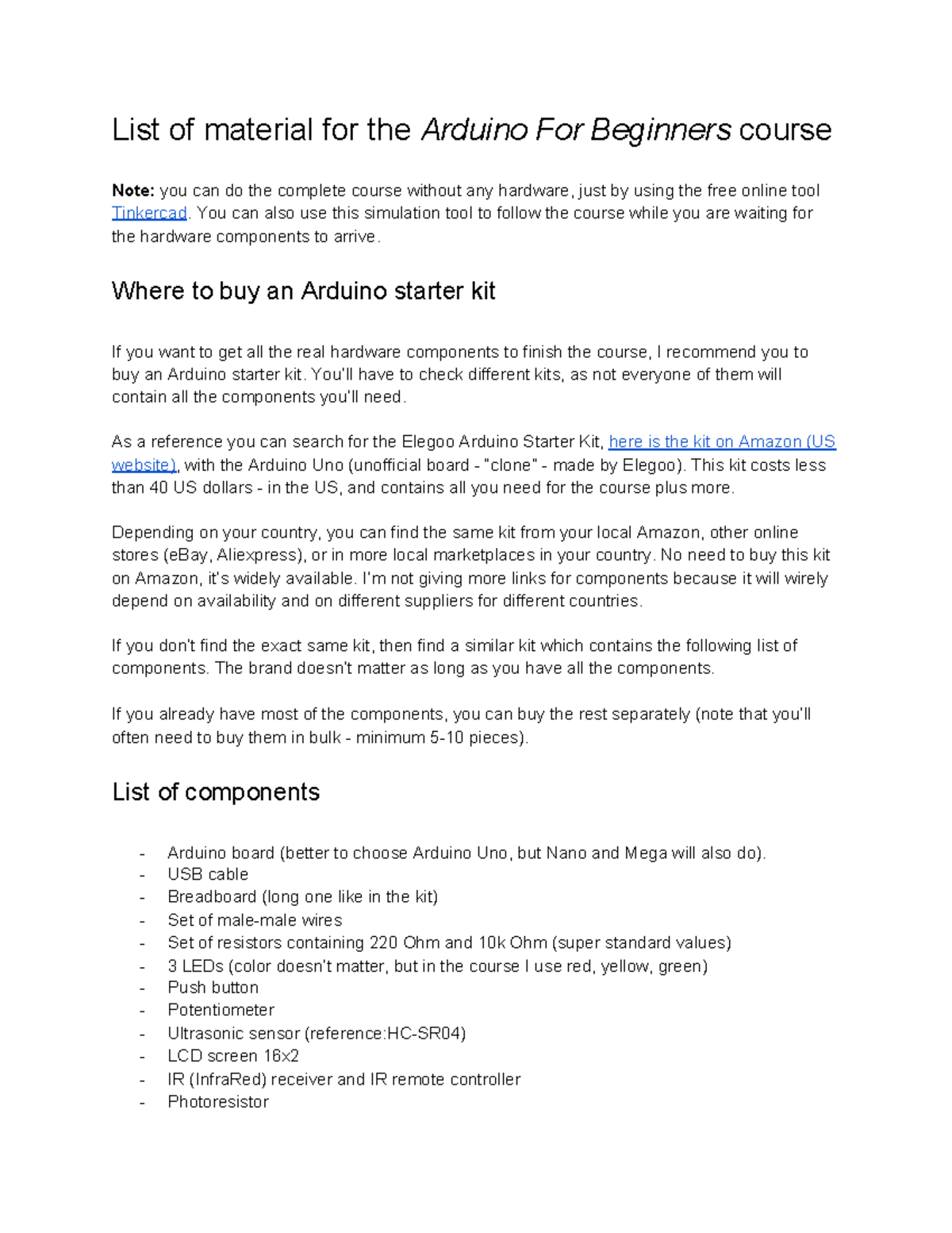 List+of+Materials+-+Arduino+For+Beginners - List of material for the ...