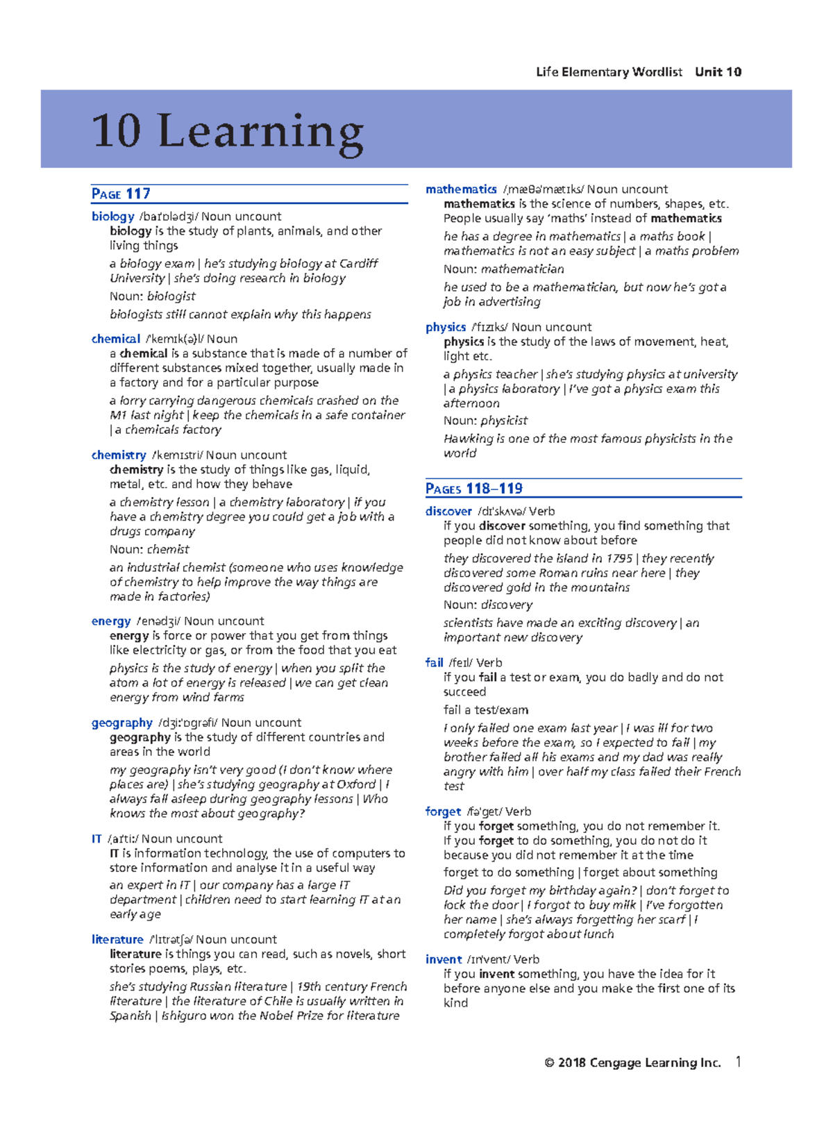 Life Elementary Wordlist: Key Vocabulary from Unit 10 - Studocu