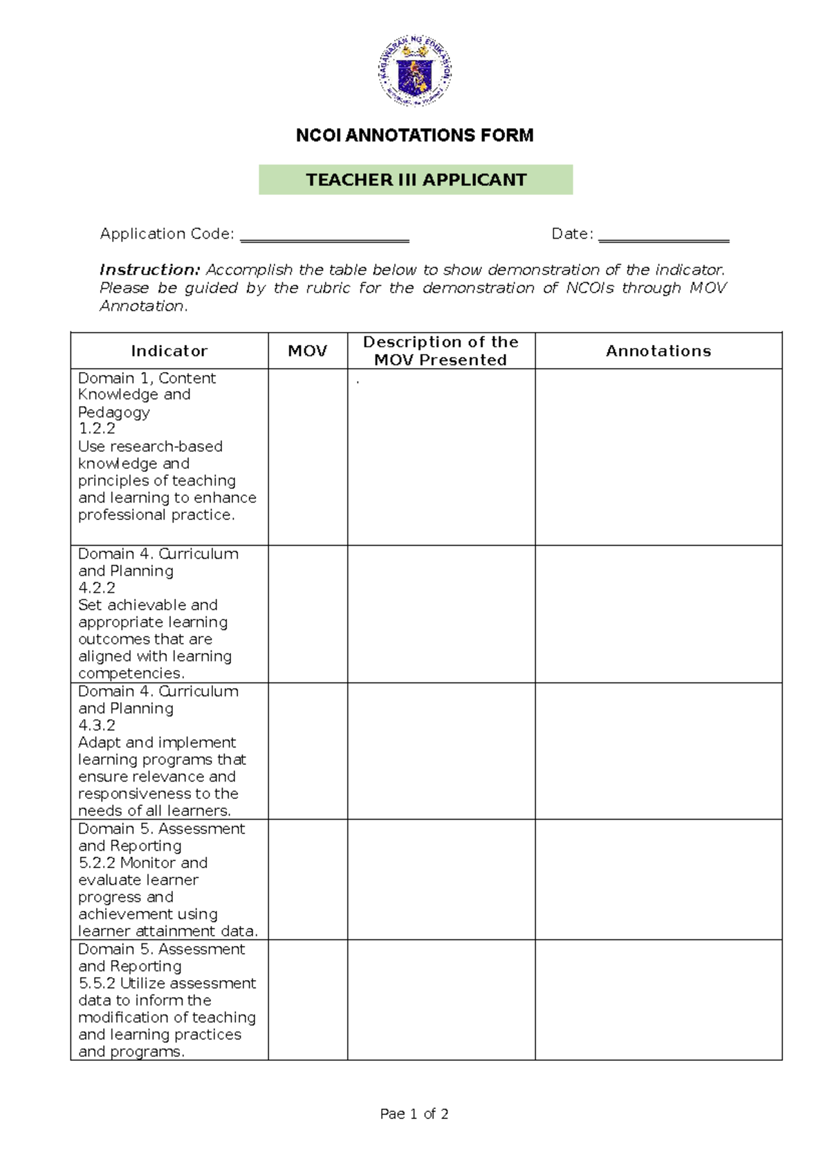 TIII NCOI Annotations Form for Teacher Applicants - Studocu