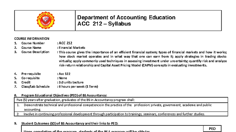 ACC 212 Syllabus: Financial Markets Course Overview and Assessment ...