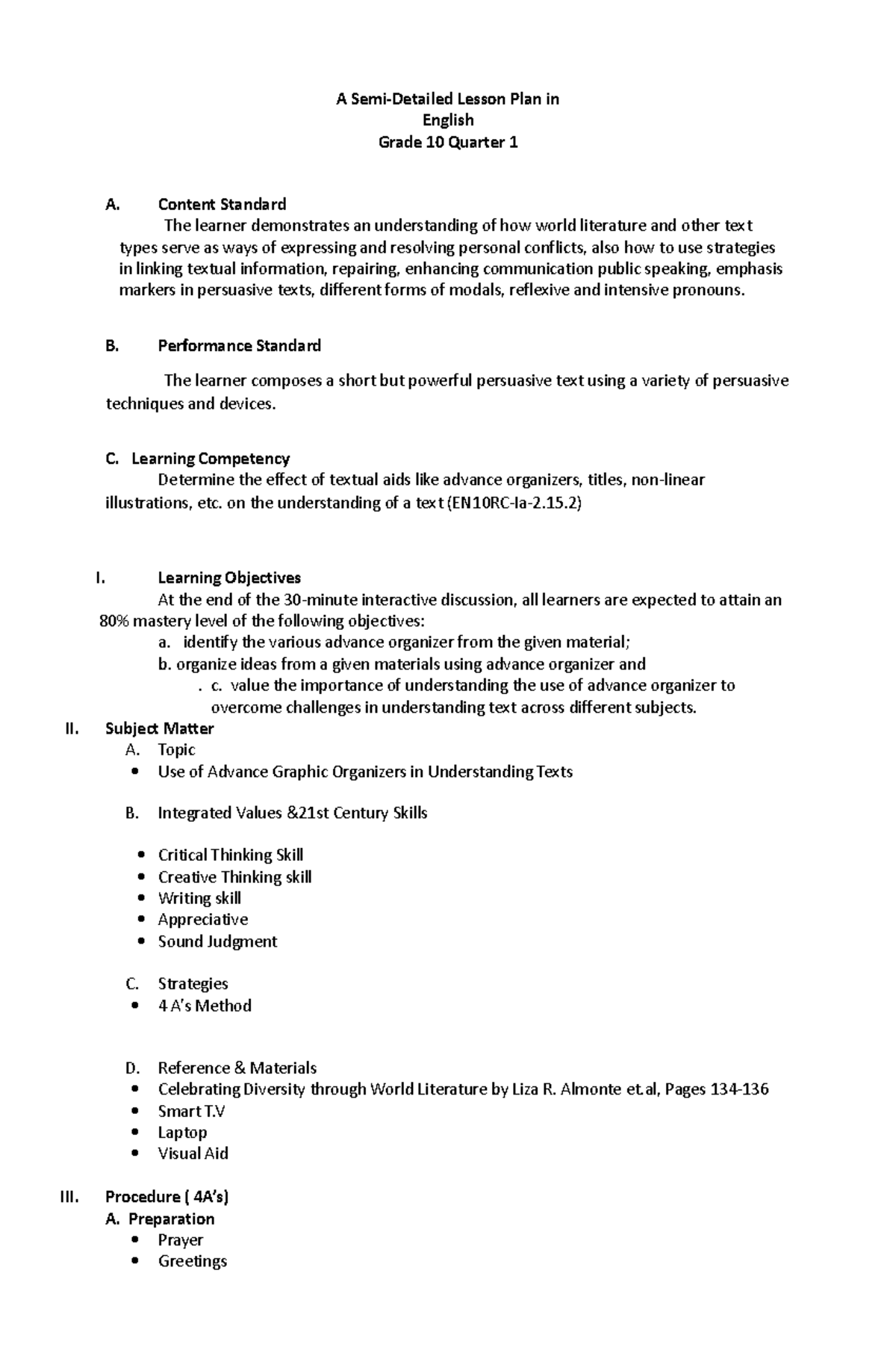 Final Demo Lesson Plan EN10: Using Advance Organizers in Texts - Studocu