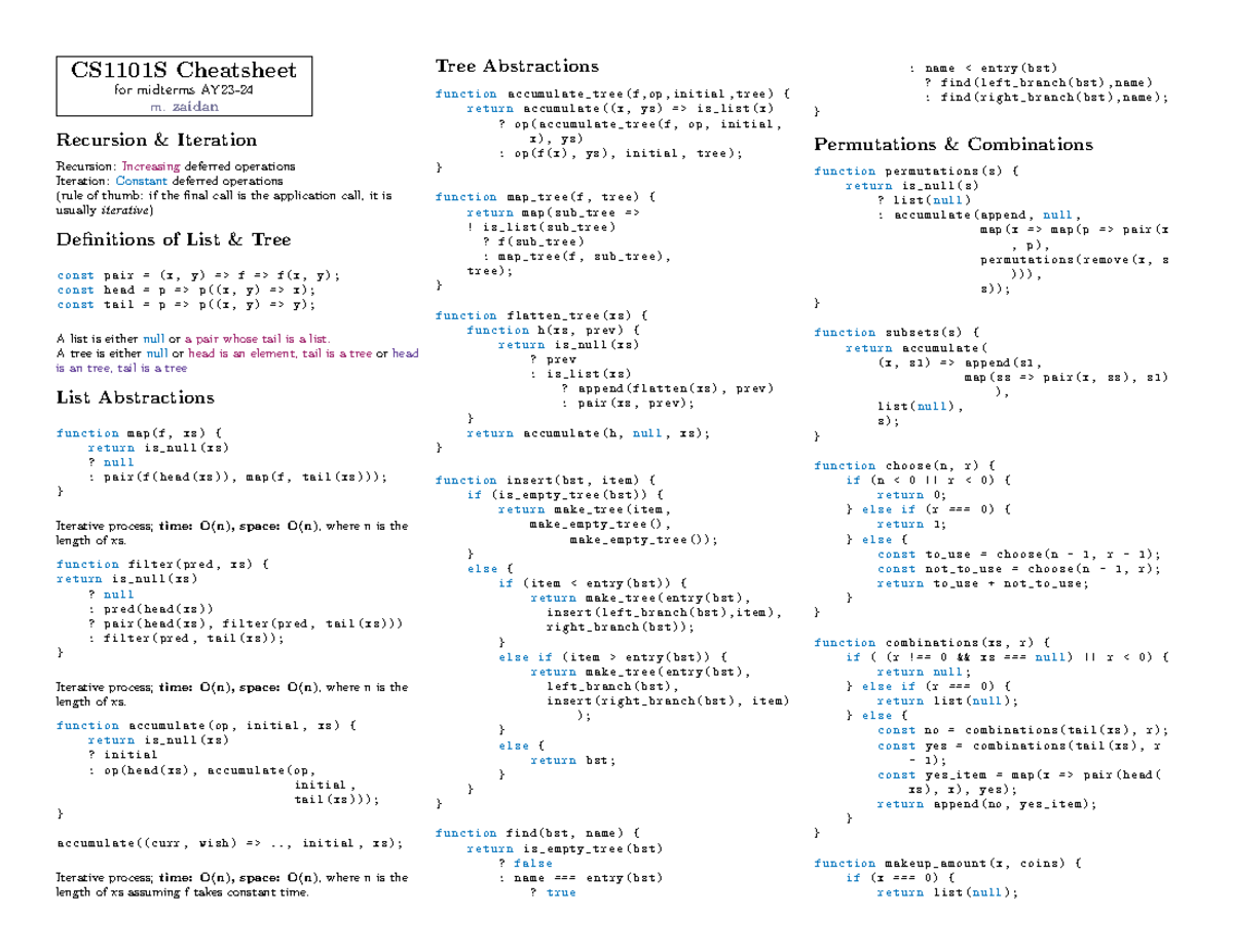CS1101S Midterms Cheatsheet: Recursion & Iteration Concepts - Studocu