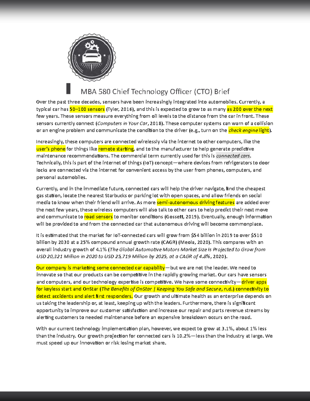 MBA 580 CTO Brief: Innovations in Connected Cars & Market Analysis ...