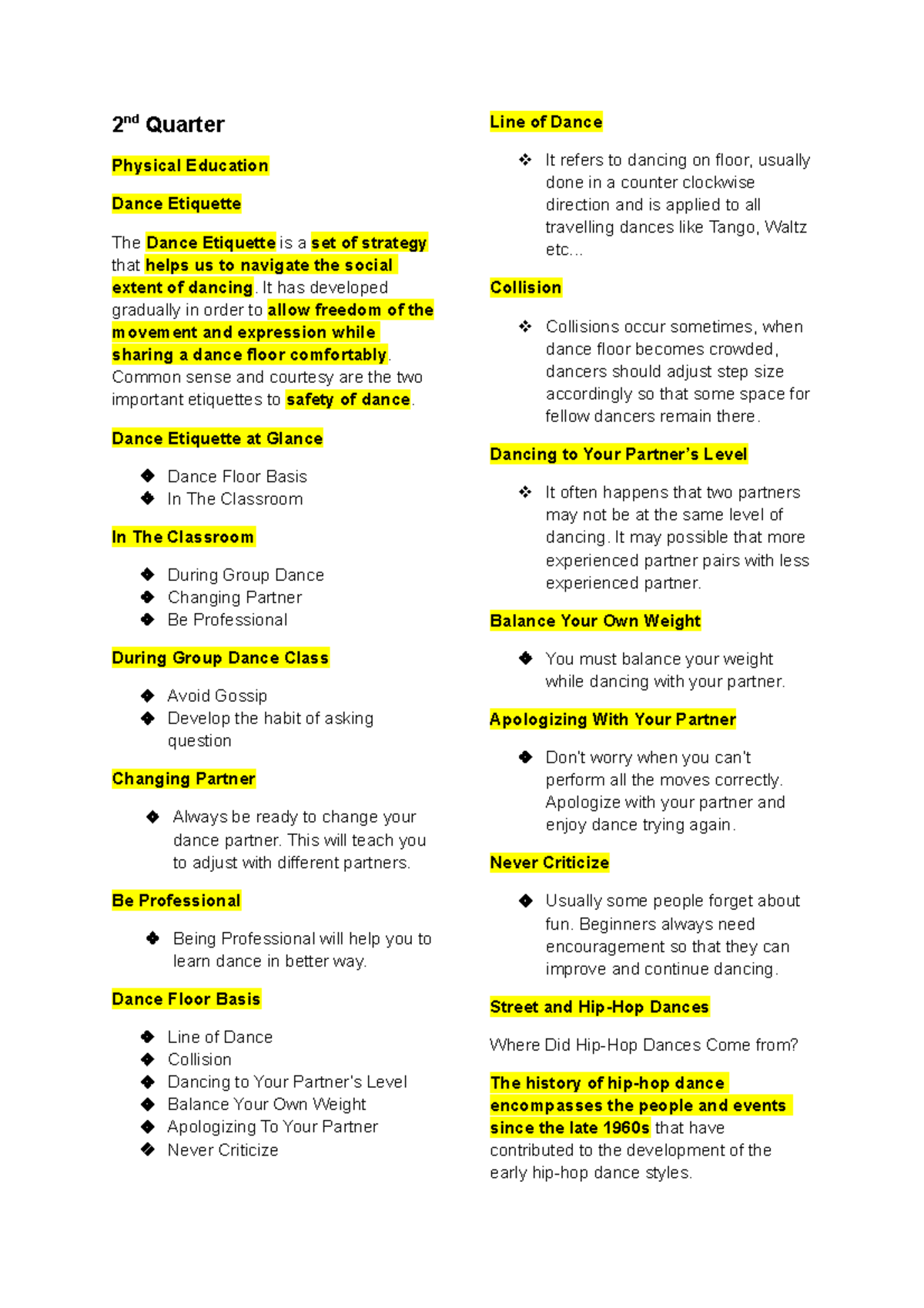 Physical Education Notes: Dance Etiquette & Hip-Hop Styles - Studocu