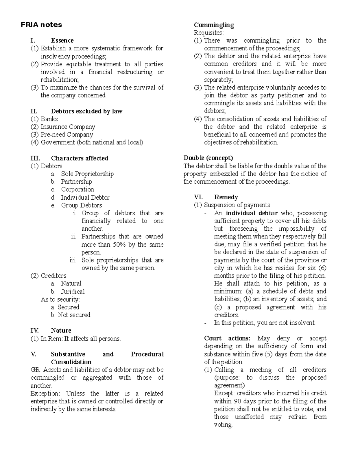 FRIA Notes: Financial Rehabilitation & Insolvency Act Overview - Studocu