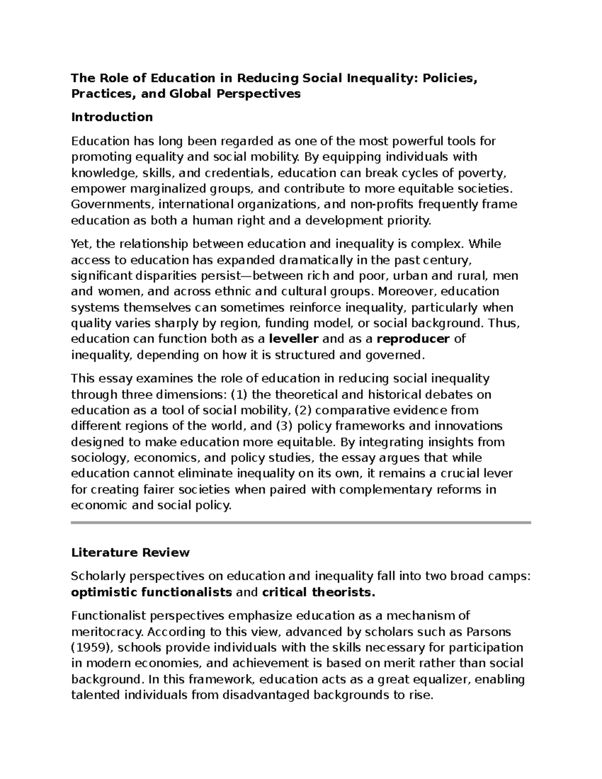 EDU 101: The Role of Education in Mitigating Social Inequality - Studocu