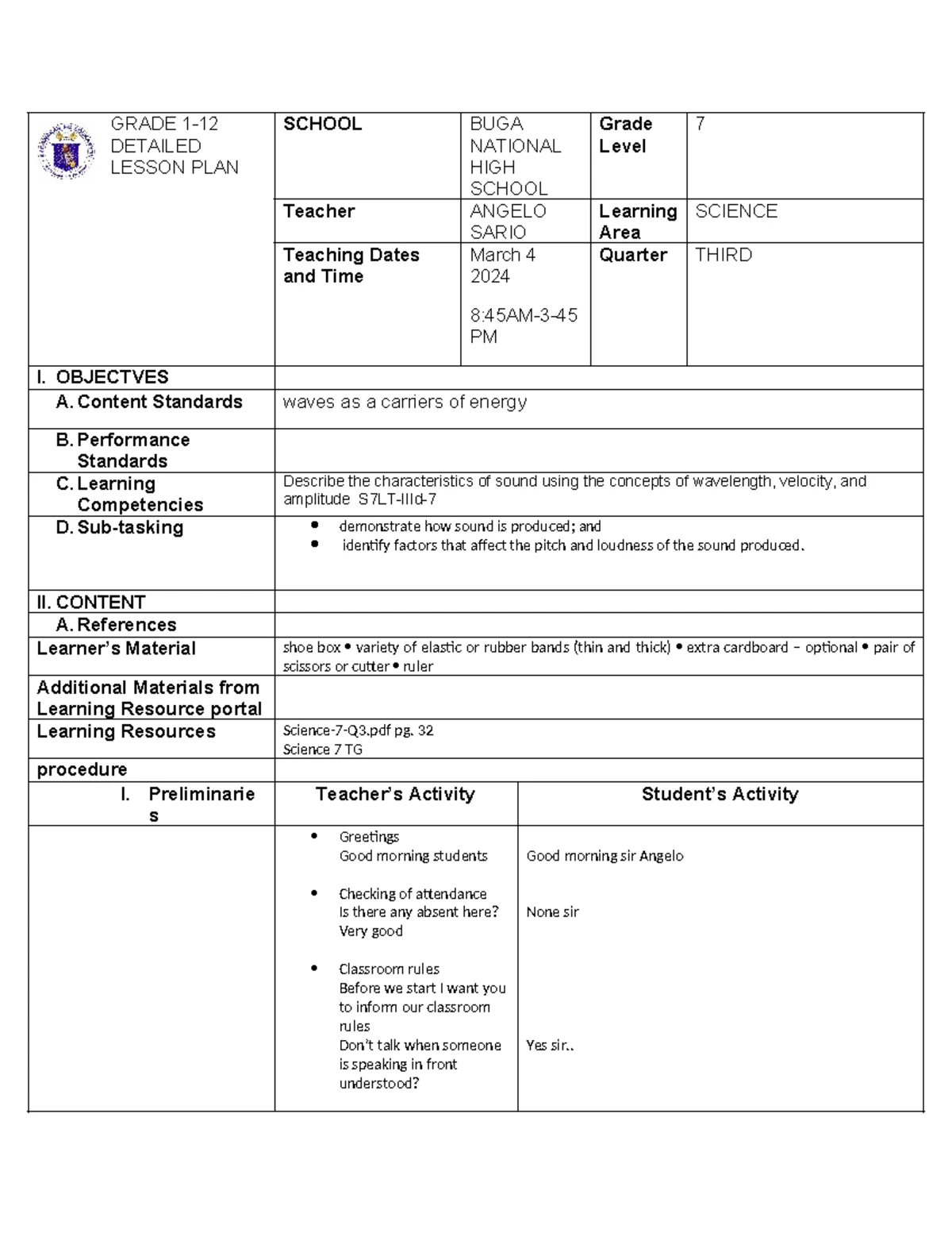 Grade 7 Science Lesson Plan on Sound for March 6, 2024 - Studocu