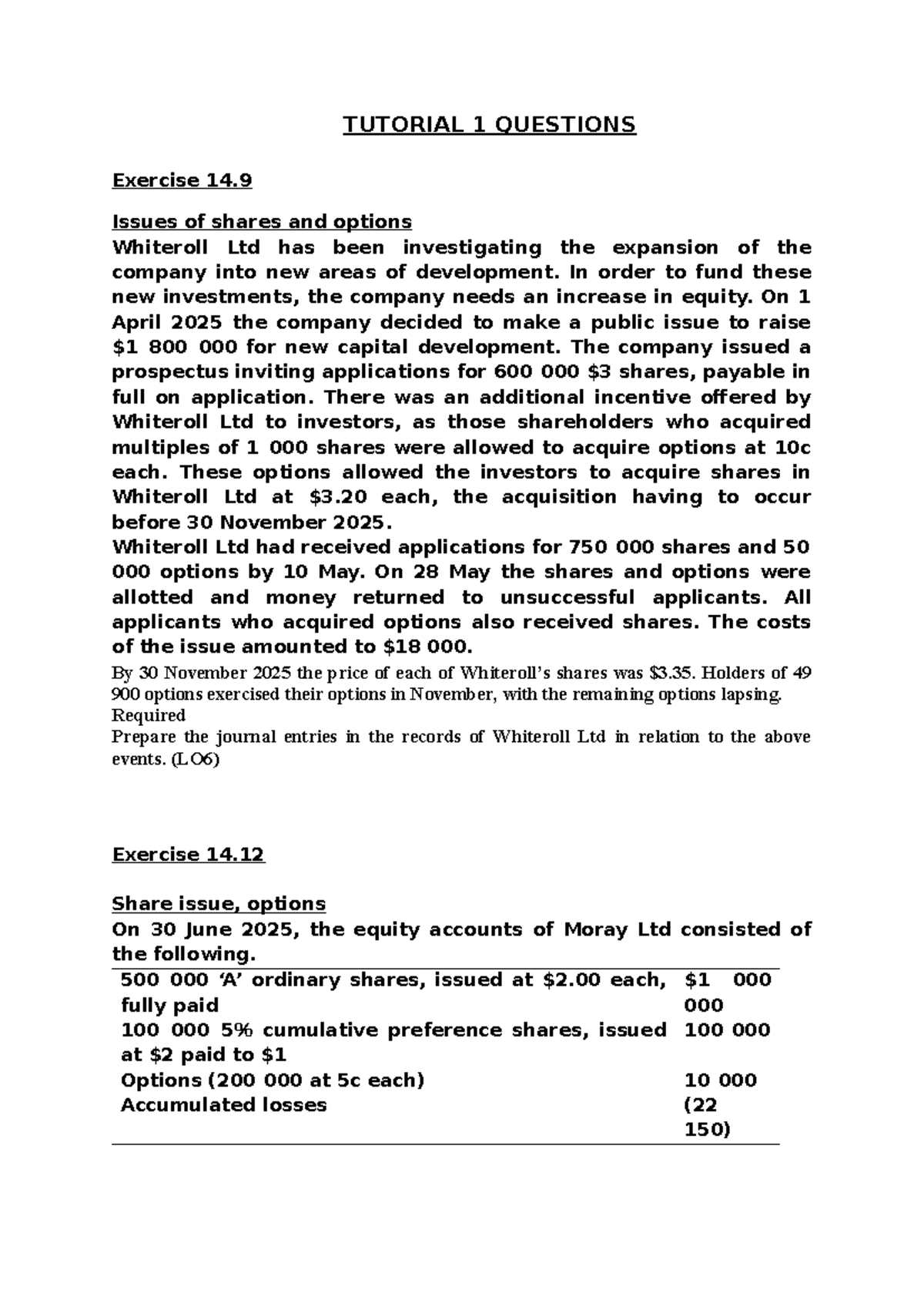 Tutorial 1 Questions: Share Issues, Options, and Equity Transactions ...