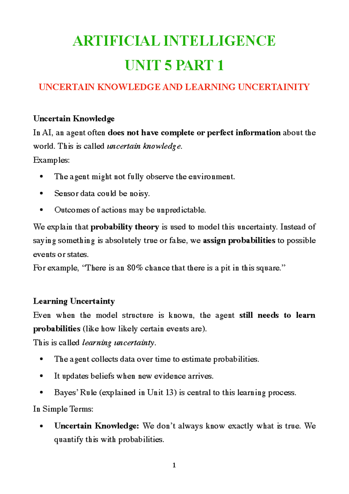 AI Unit 5: Uncertain Knowledge and Learning in AI - Studocu