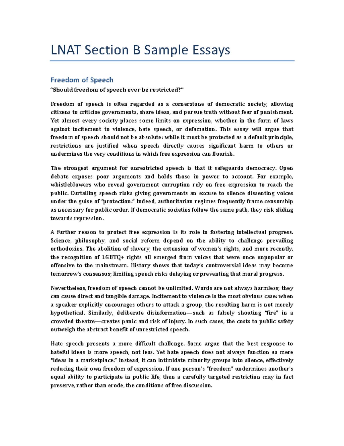 LNAT Section B Sample Essays: Freedom of Speech & Privacy Issues - Studocu