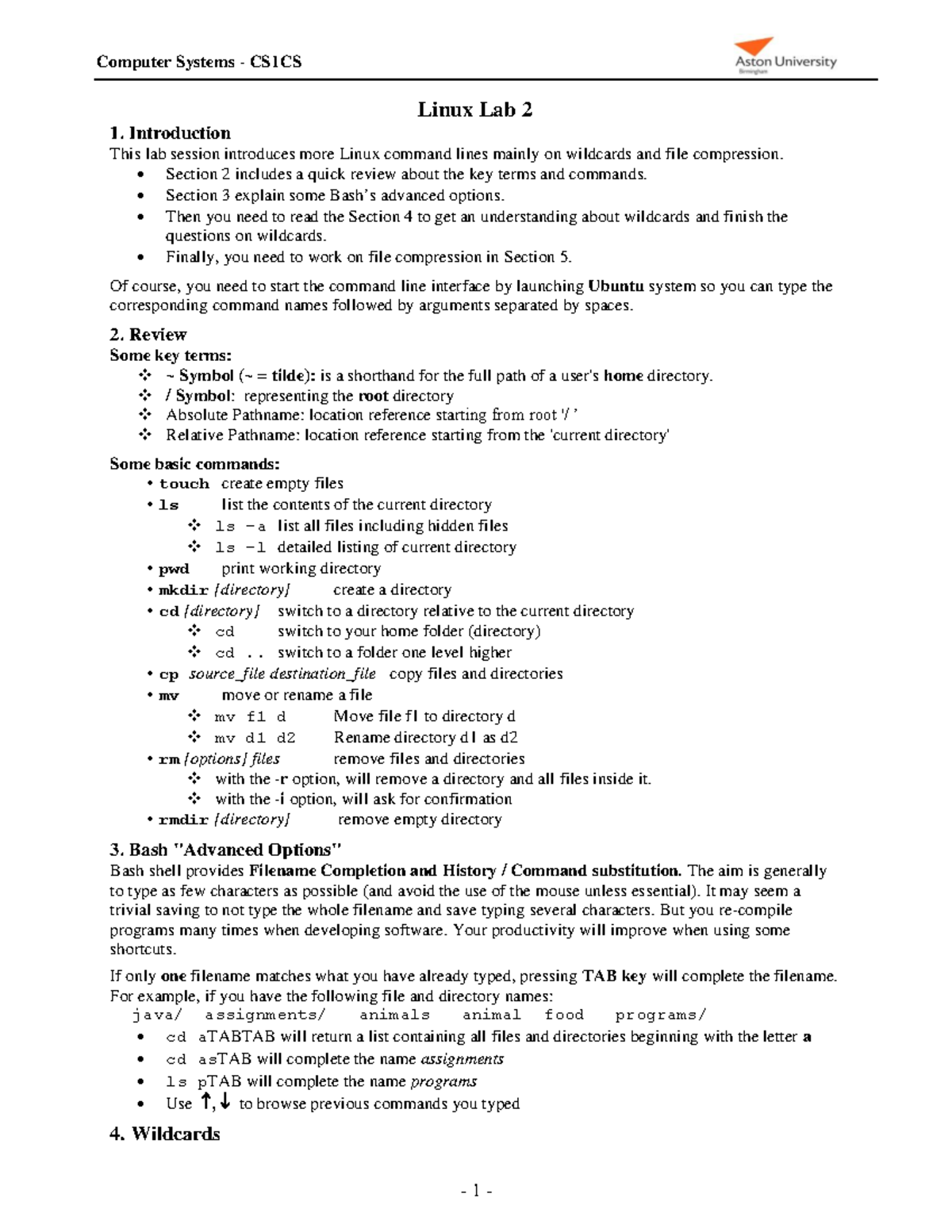 CS1CS Linux Lab 2: Wildcards and Command Line Tasks - Studocu