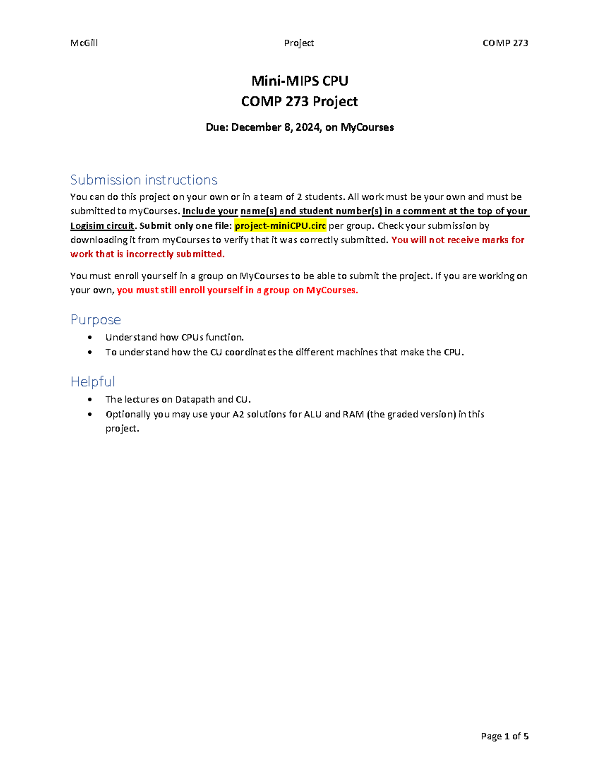 COMP 273 Final Project: Mini-MIPS CPU Design Overview - Studocu