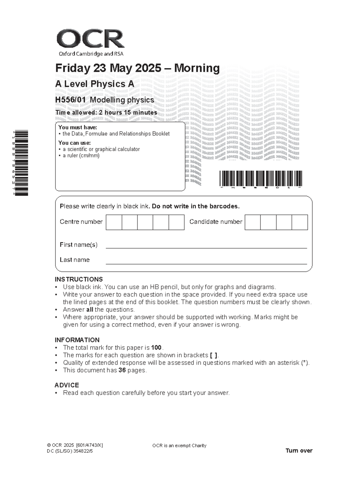 A Level Physics A Exam Paper - H556 - June 2025 - Studocu