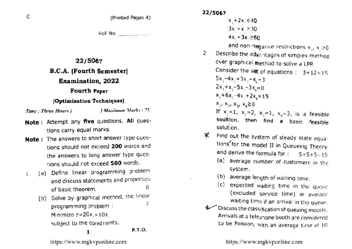 BCA 4th Sem Optimization Techniques Exam Paper 5067 - 2022 - Studocu