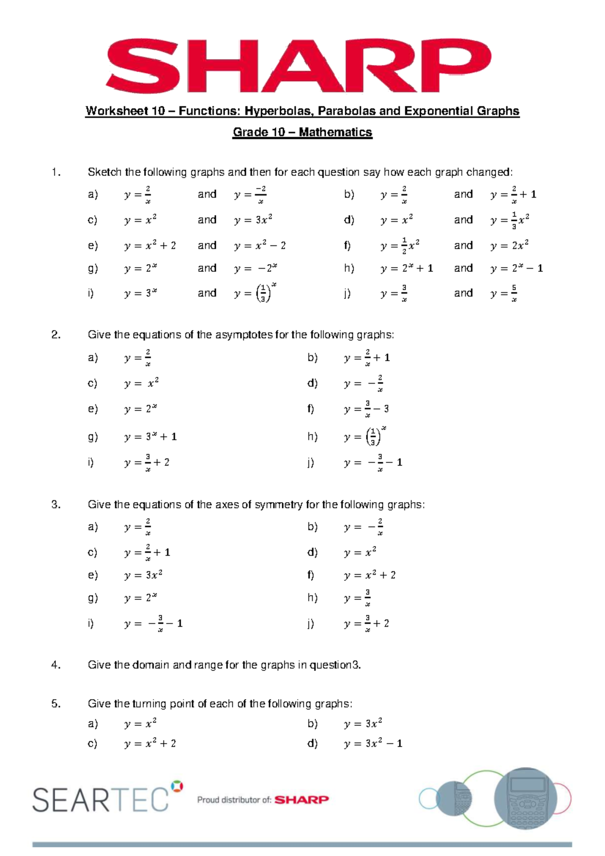 Worksheet 10 Hyperbolas Parabolas and Exponential Graphs Grade 10 ...