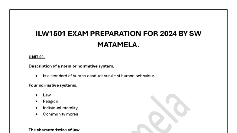 ILW1501 FINAL EXAM PREPARATION 2024: NORMATIVE SYSTEMS & LAW - Studocu