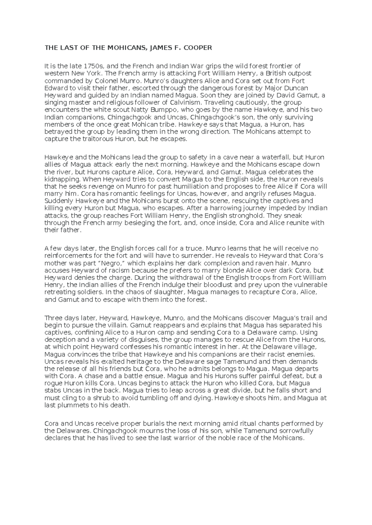 THE LAST OF THE MOHICANS (ENG 101) - A Study of Themes and Characters ...