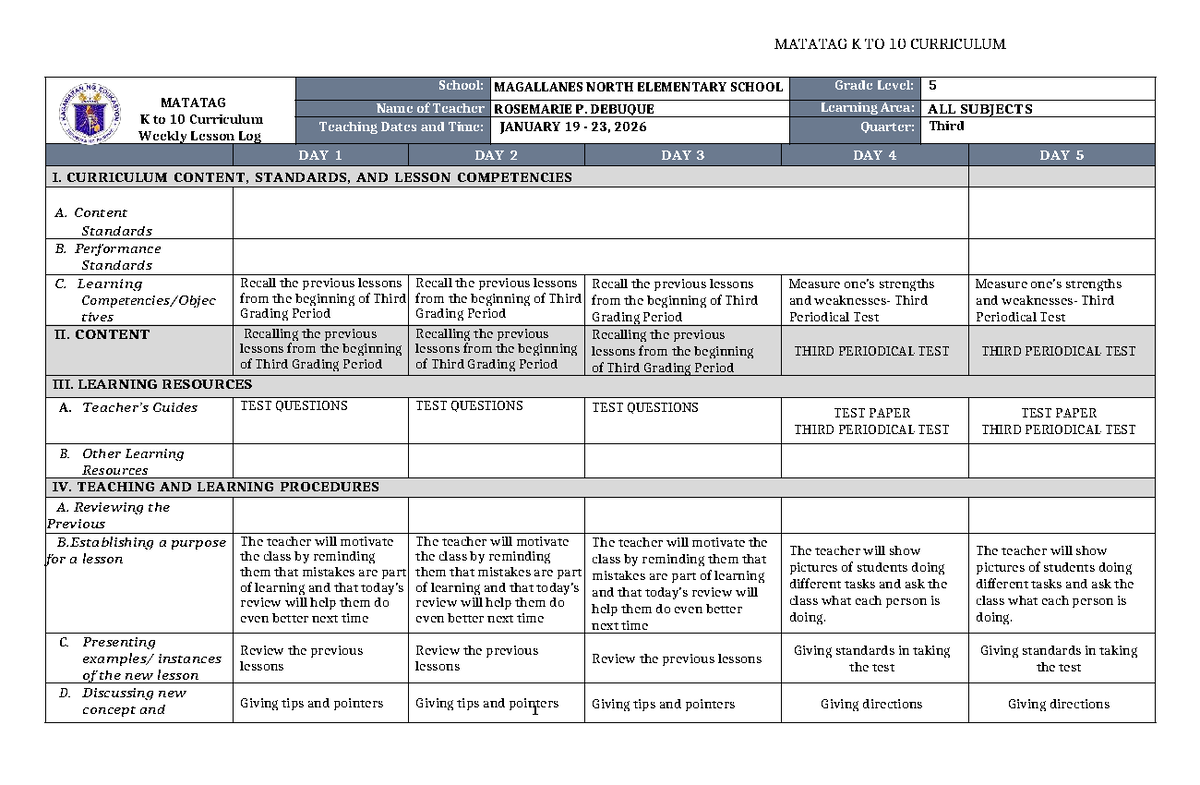 MATATAG K to 10 Curriculum Grade 5 Weekly Lesson Log - Studocu