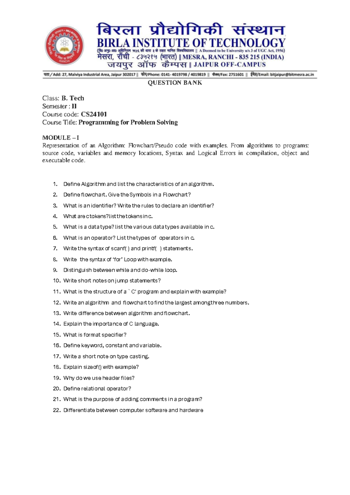 Question Bank for CS24101: Programming for Problem Solving (B. Tech II ...