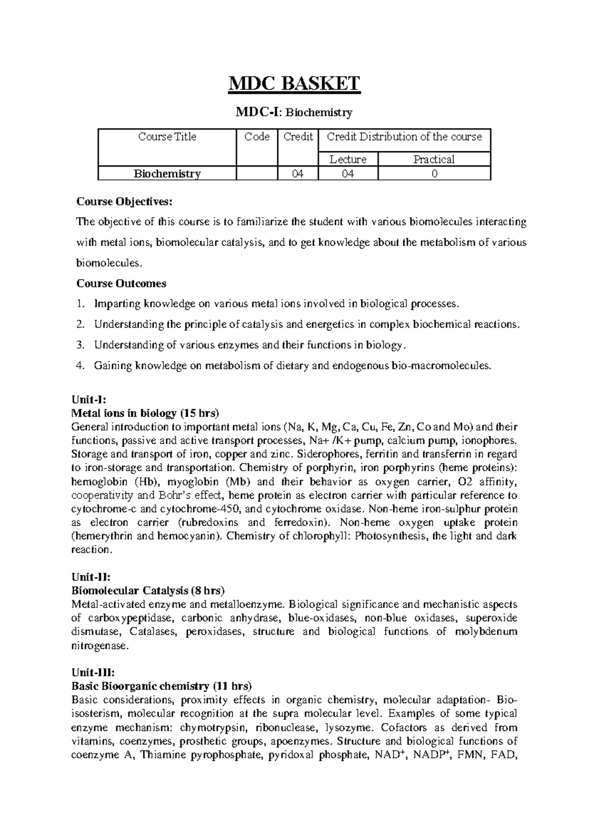Biochemistry and Environmental Chemistry MDC Course Syllabus - Studocu