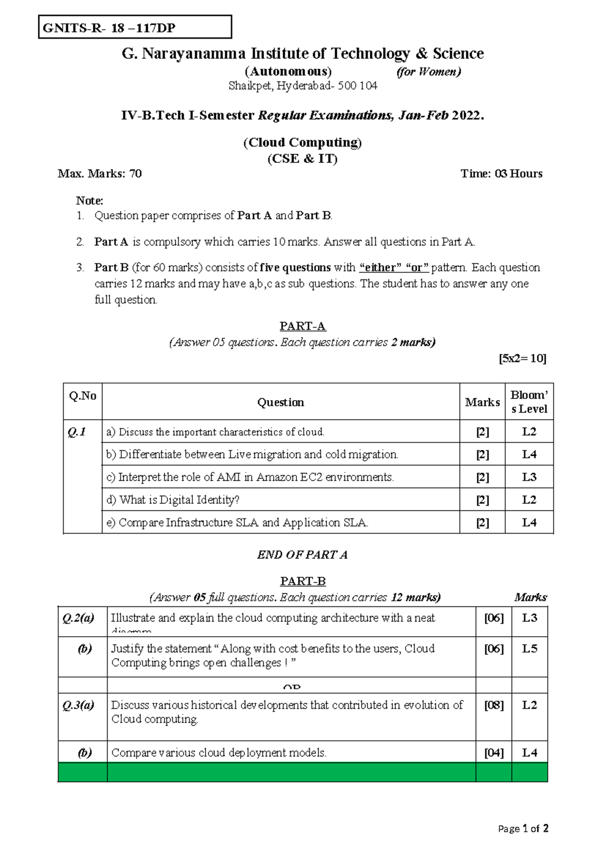 Cloud Computing Model Paper-1 (CSE IT) Regular Exam 2022 - Studocu