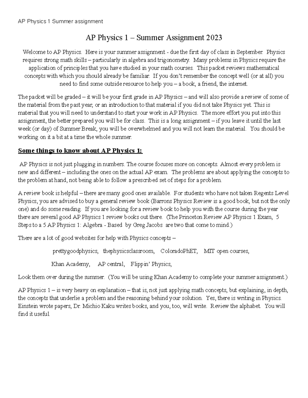 AP physics 1 Summer Assignment 2023 - AP Physics 1 Summer assignment AP ...