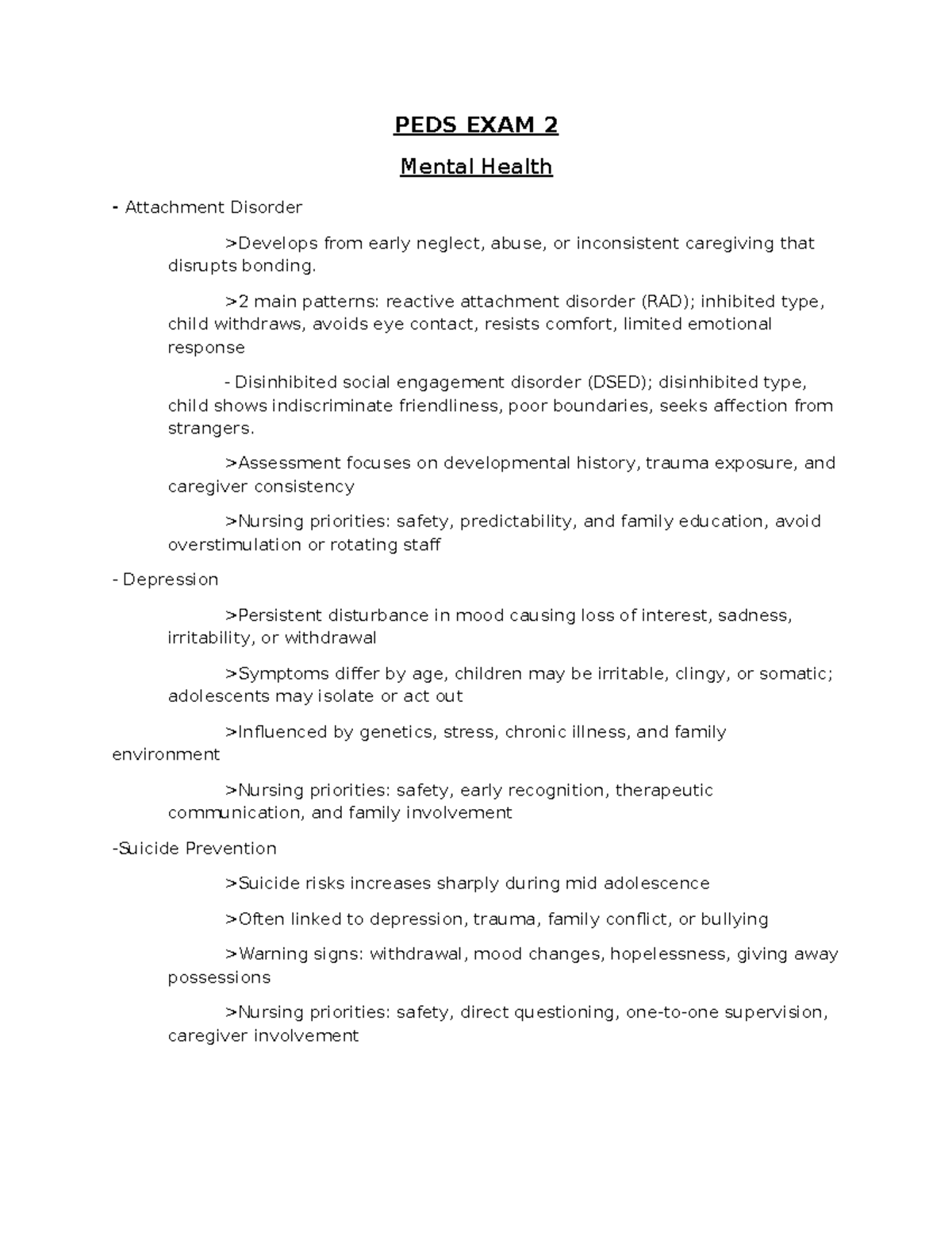 PEDS EXAM 2 Notes on Mental Health Disorders and Interventions - Studocu