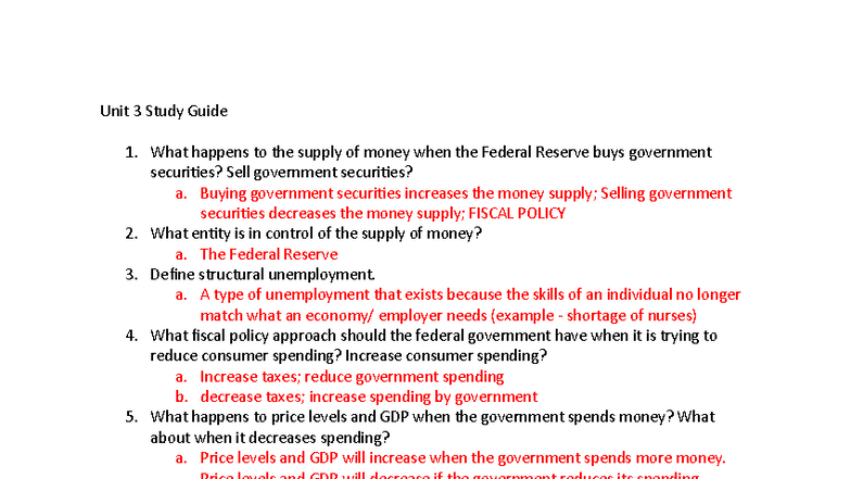 Macro Study Guide Answers: Unit 3 Overview on Fiscal Policy - Studocu