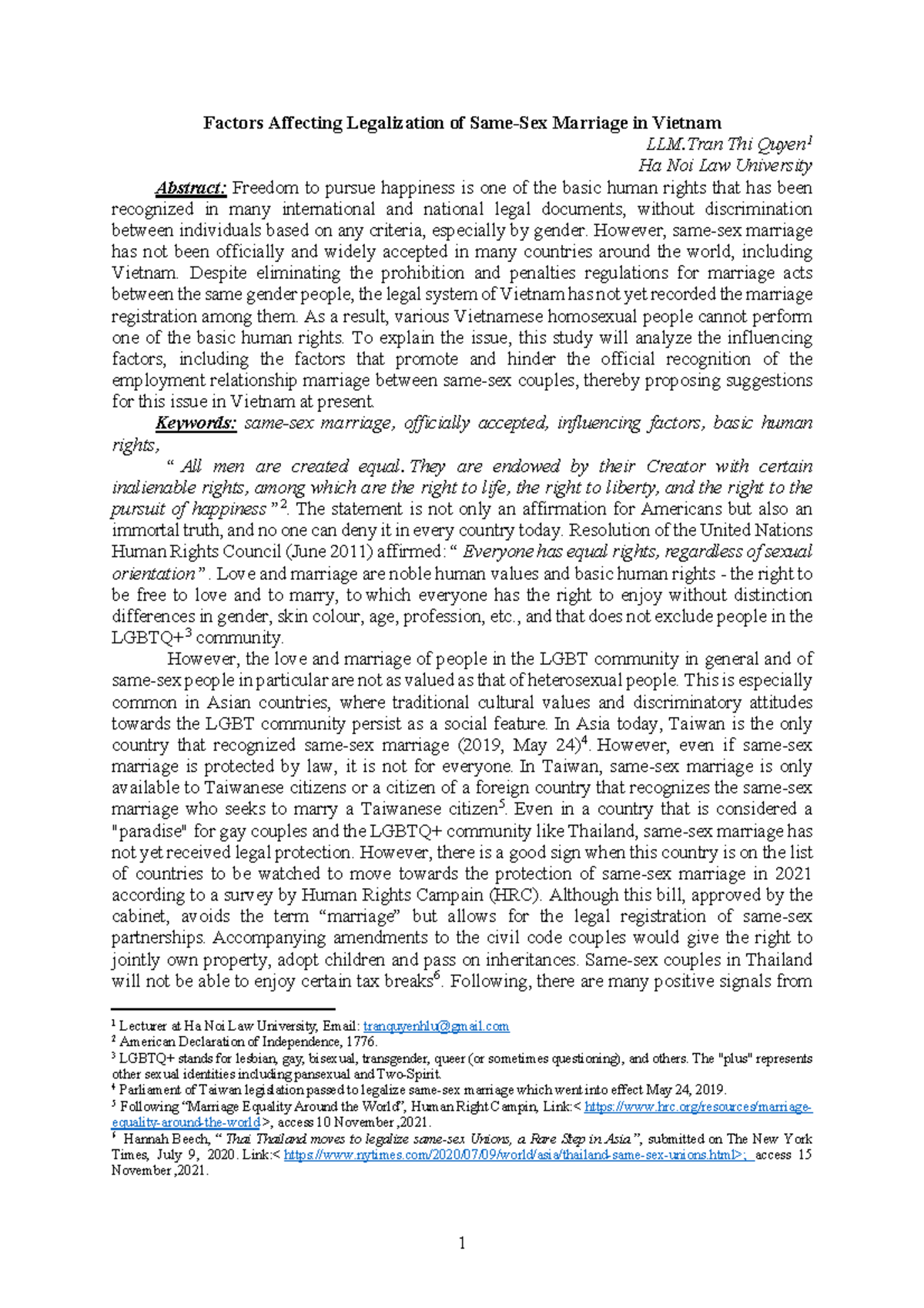 Factors influencing the legalization of same-sex marriage in Vietnam ...