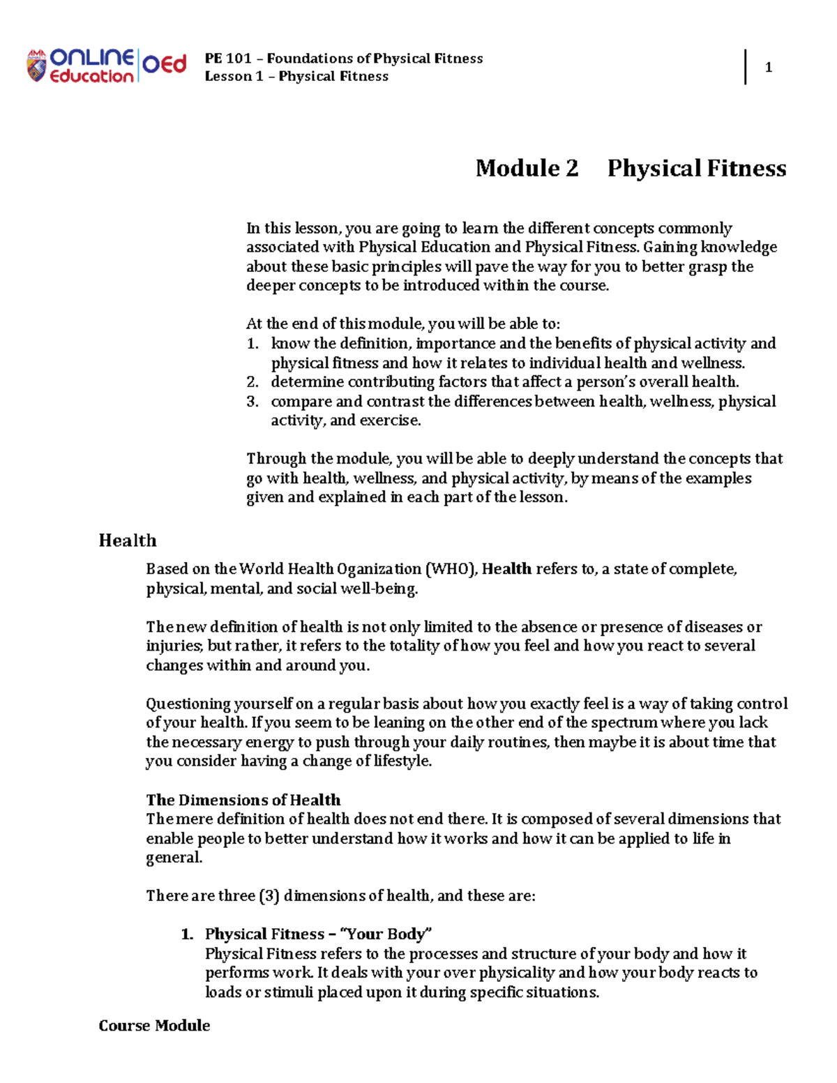 PFL2 physical education - Lesson 1 – Physical Fitness 1 Module 2 ...