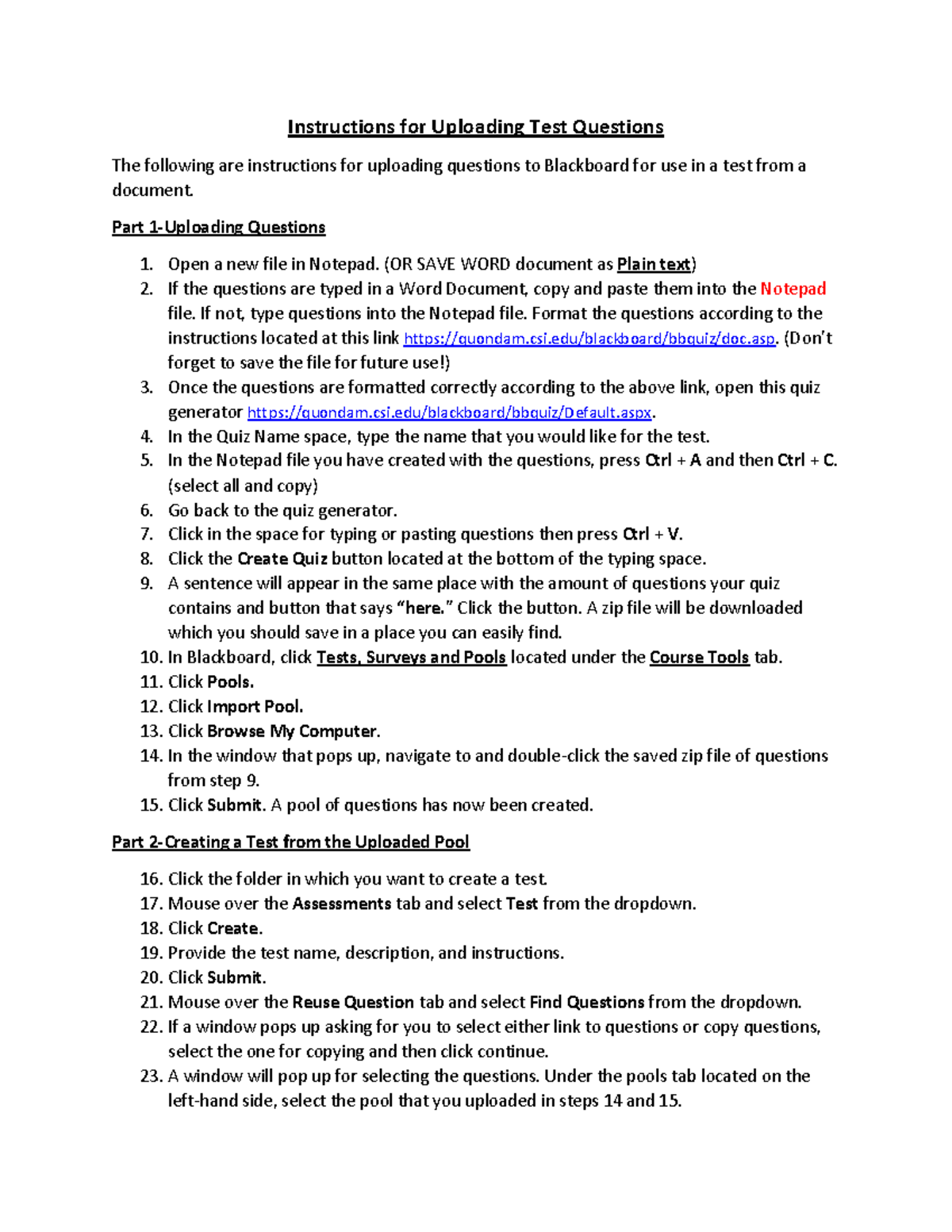 Instructions for Uploading Test Questions - Part 1-Uploading Questions ...