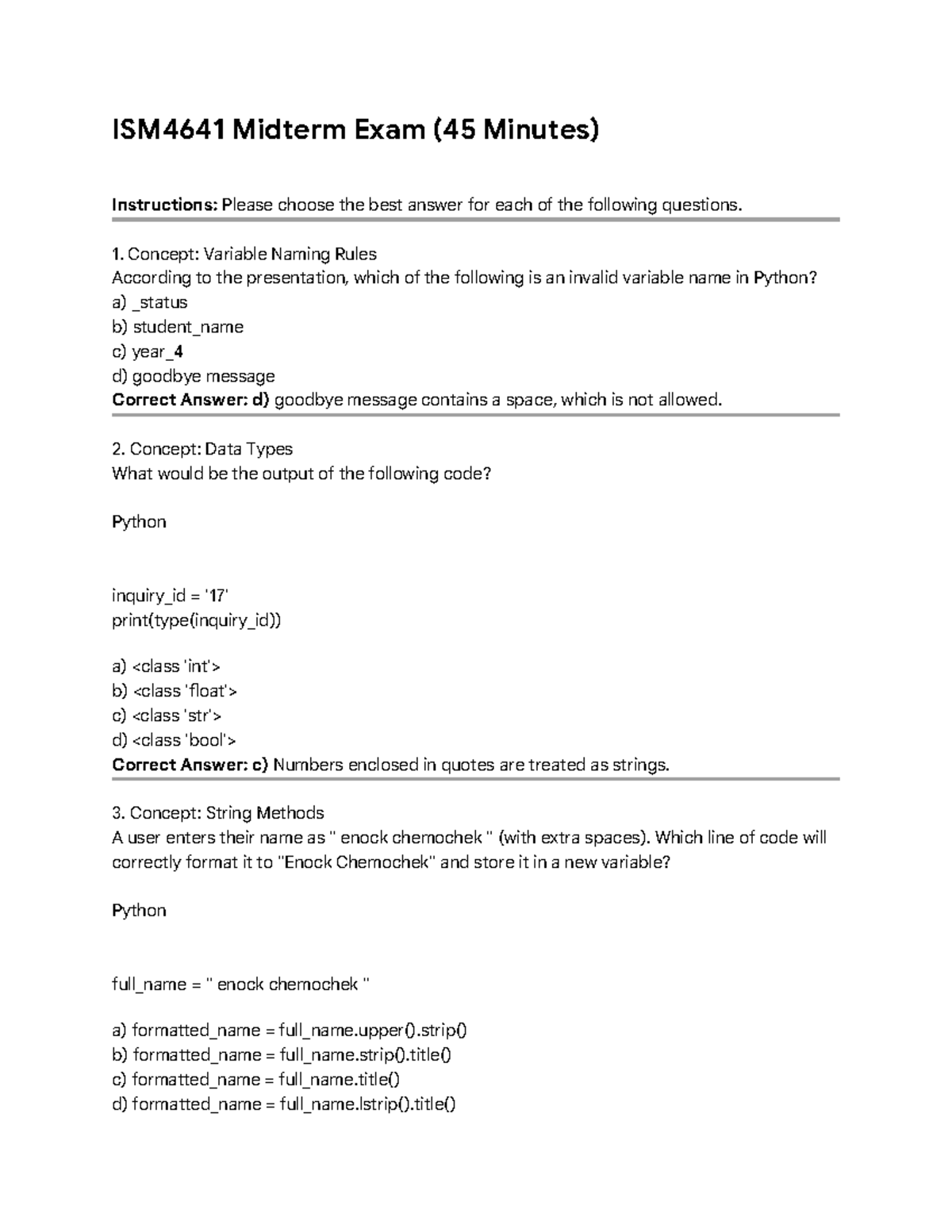 ISM4641 Midterm Exam Study Guide: Key Python Concepts and Answers - Studocu