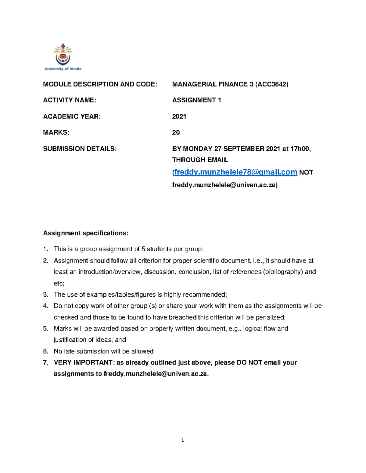 Managerial Finance 3 (ACC3642) Assignment 1 Guidelines - Studocu