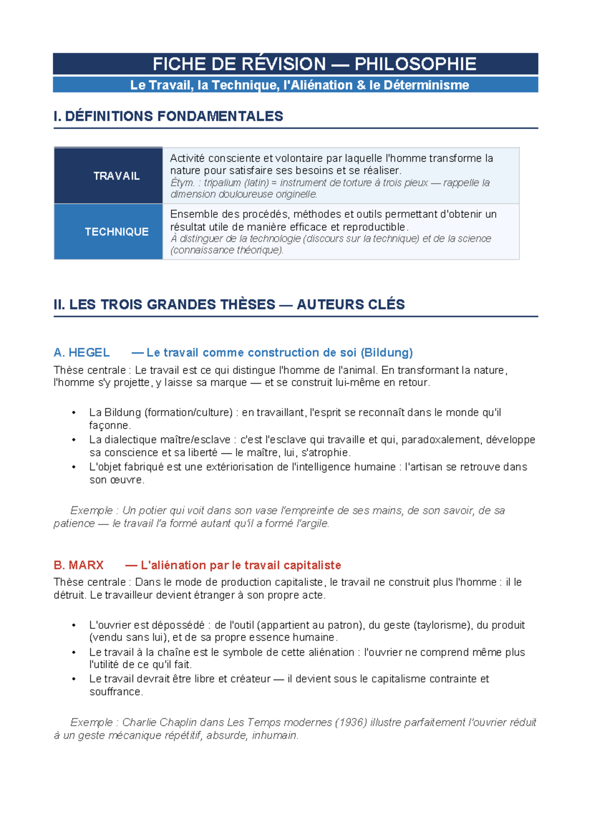 FICHE DE RÉVISION PHILOSOPHIE : Travail, Technique et Déterminisme ...