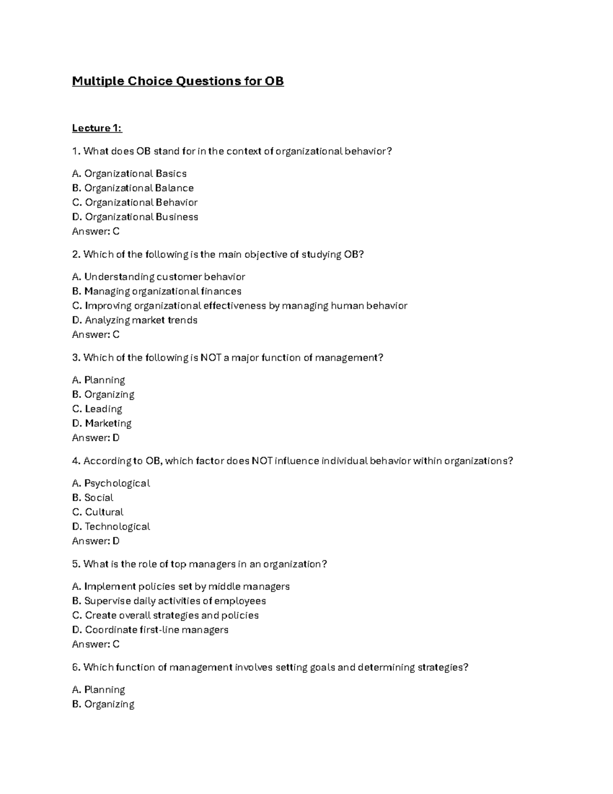 MCQ Notes for OB 101: Understanding Organisational Behavior Concepts ...