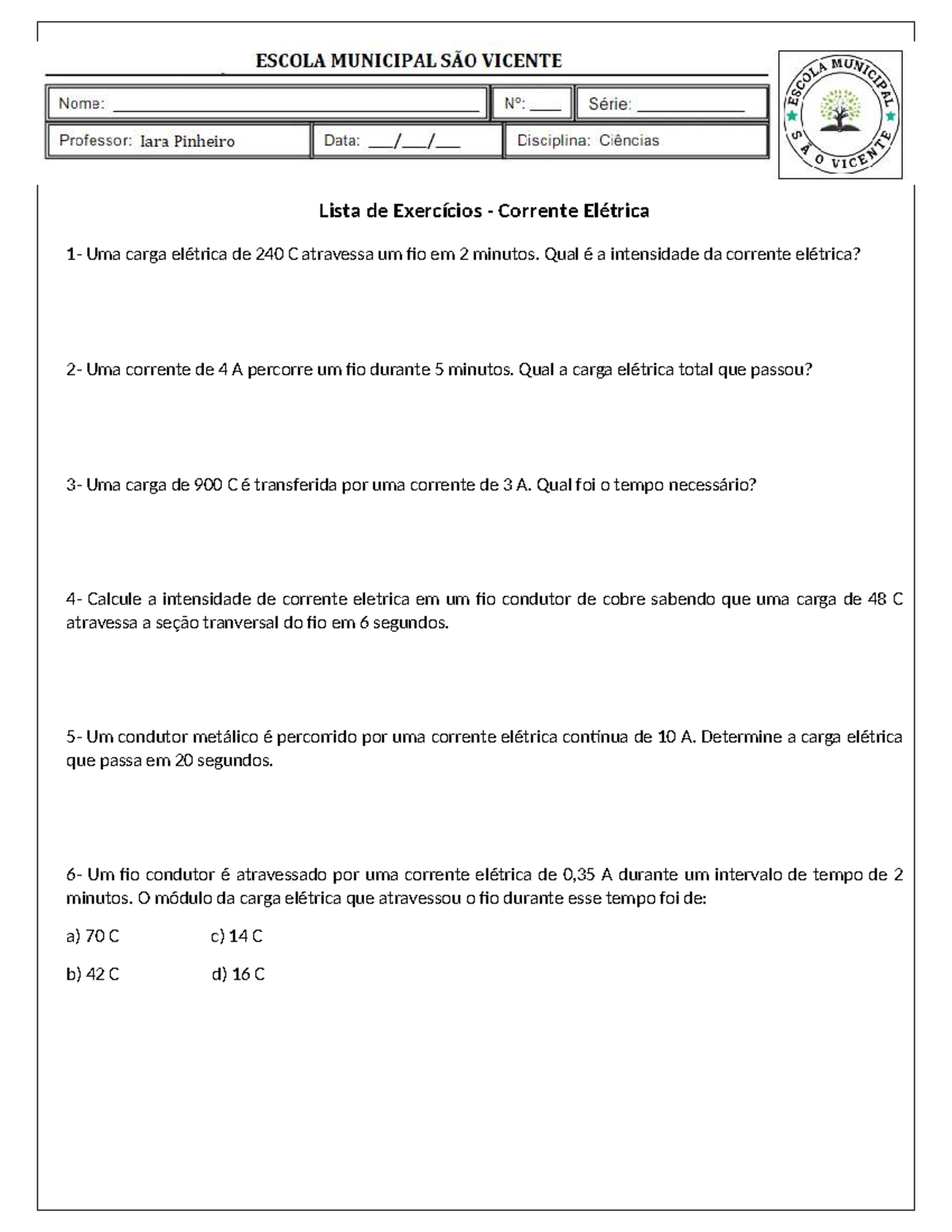 Lista de Exercícios - Corrente Elétrica 8º Ano - Studocu