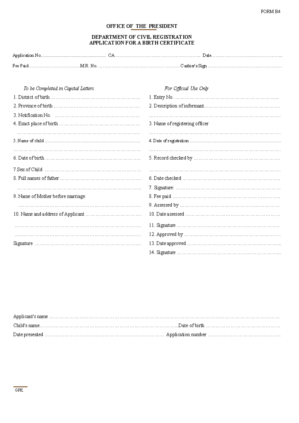 Kenya Birth Application Birth Certificate Form-B4 - To be Completed in ...