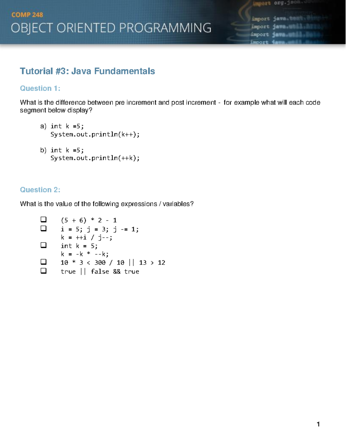 COMP248 Tutorial 03 - Java Fundamentals and Mixed Mode Operations - Studocu