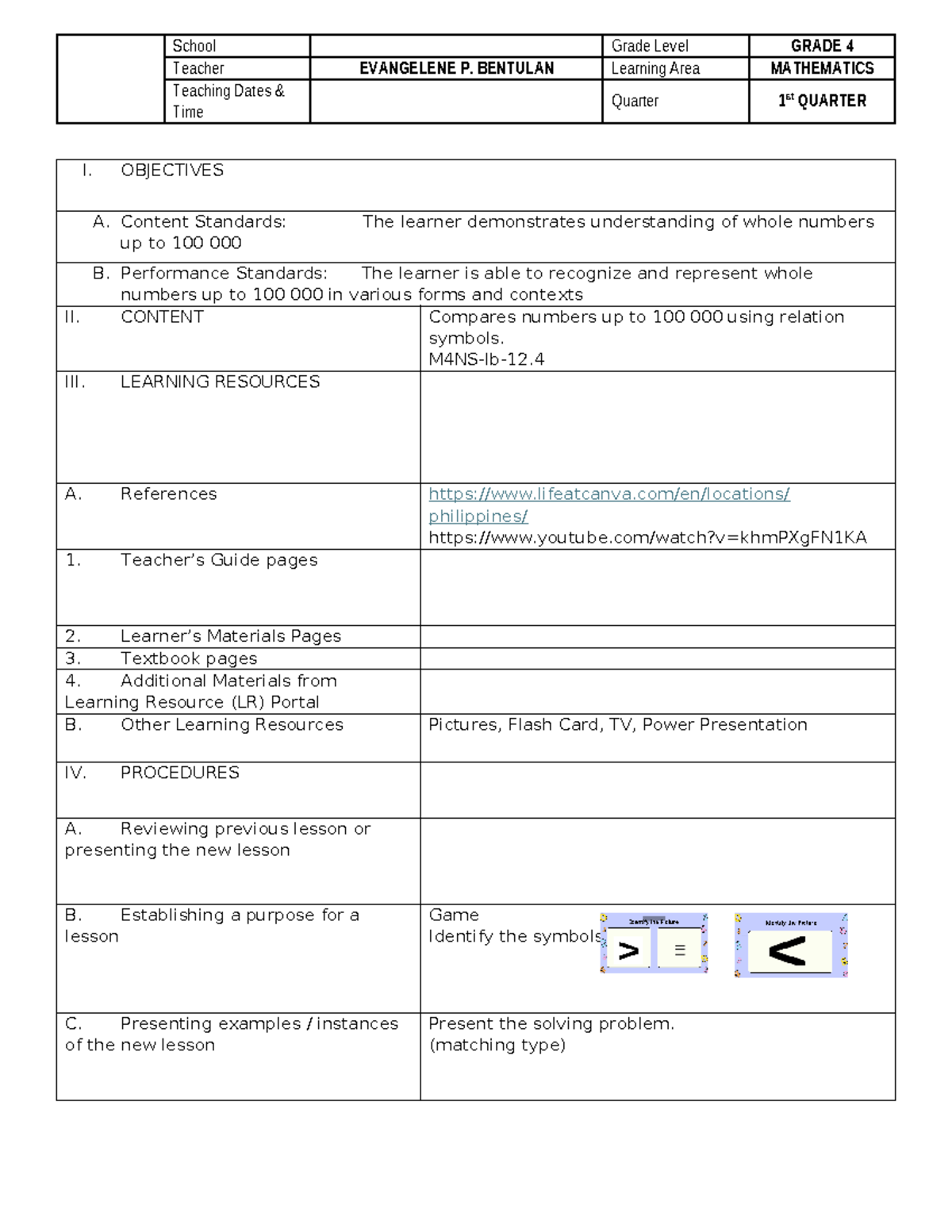 MATH DLP Namin - Grade 4 Lesson Plans on Whole Numbers - Studocu
