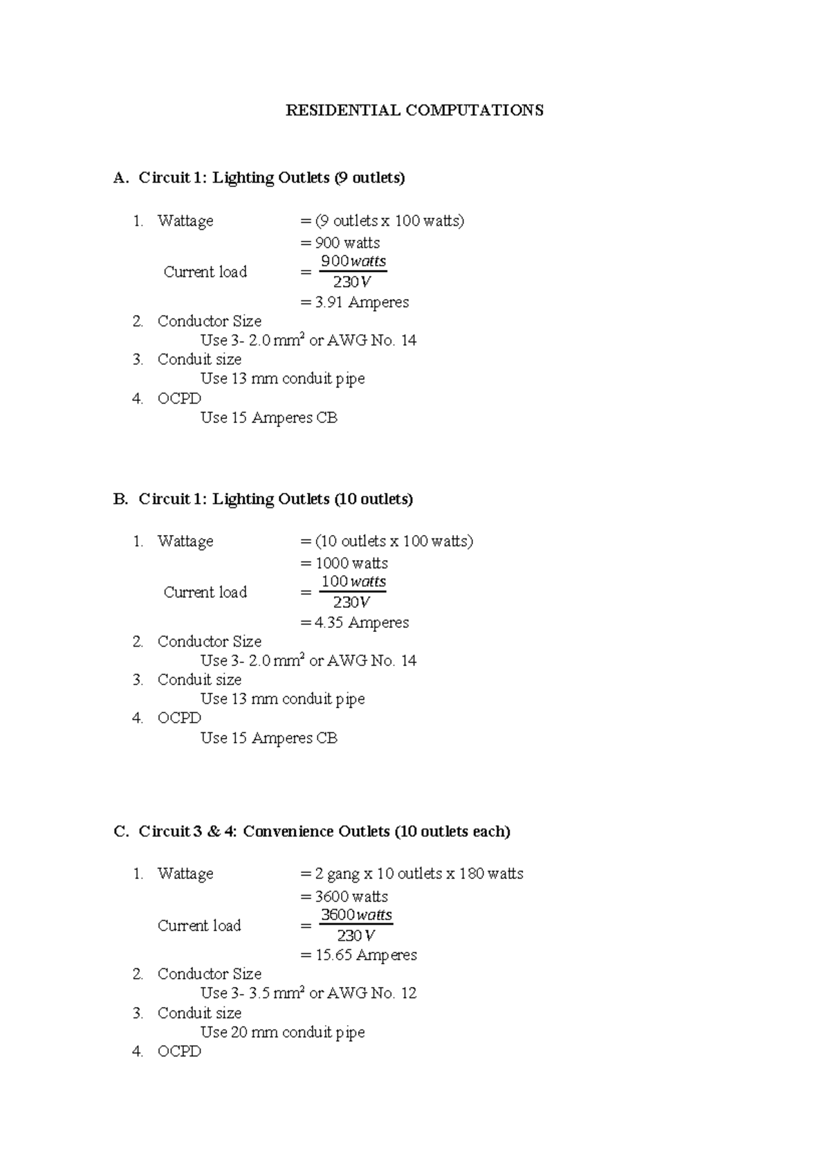 Residential Electrification Computations for Load Requirements - Studocu