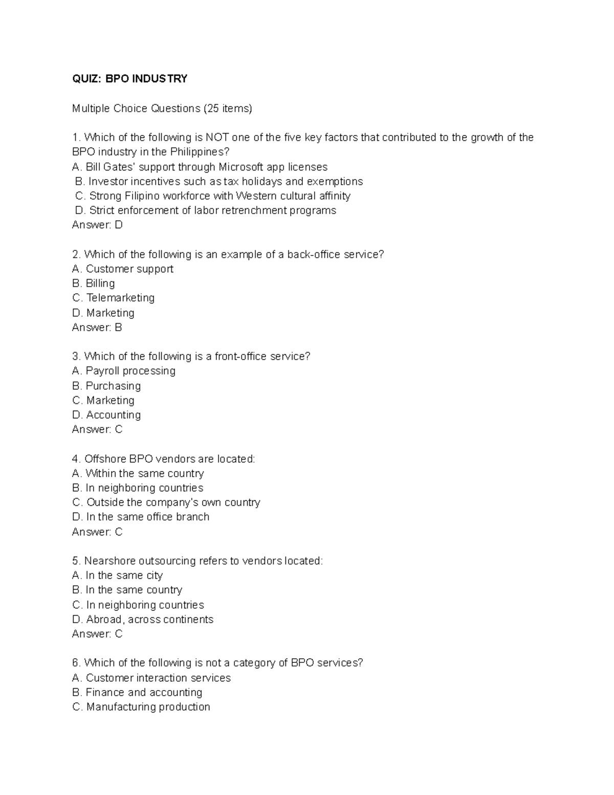 QUIZ: BPO INDUSTRY Multiple Choice Questions & Notes - Studocu