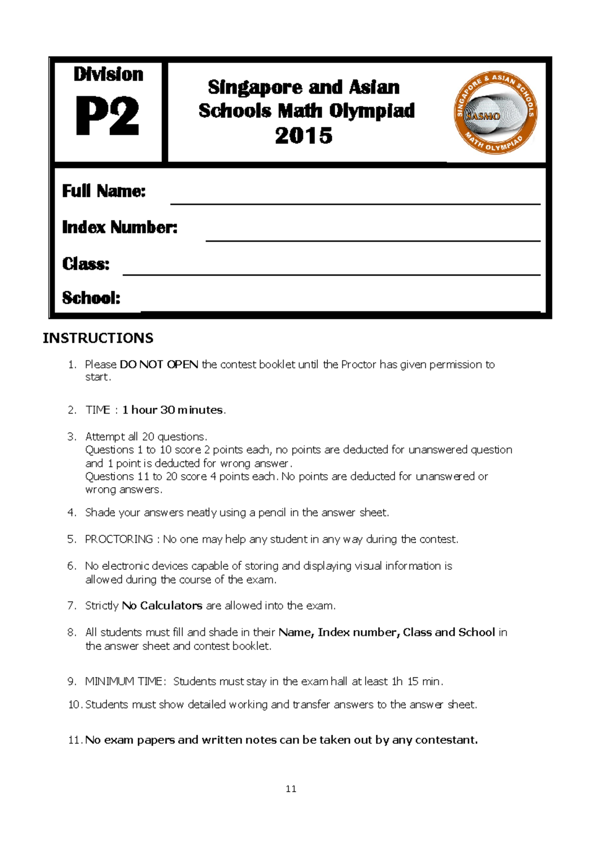 SASMO 2015 Primary 2 Math Contest Instructions and Questions - Studocu