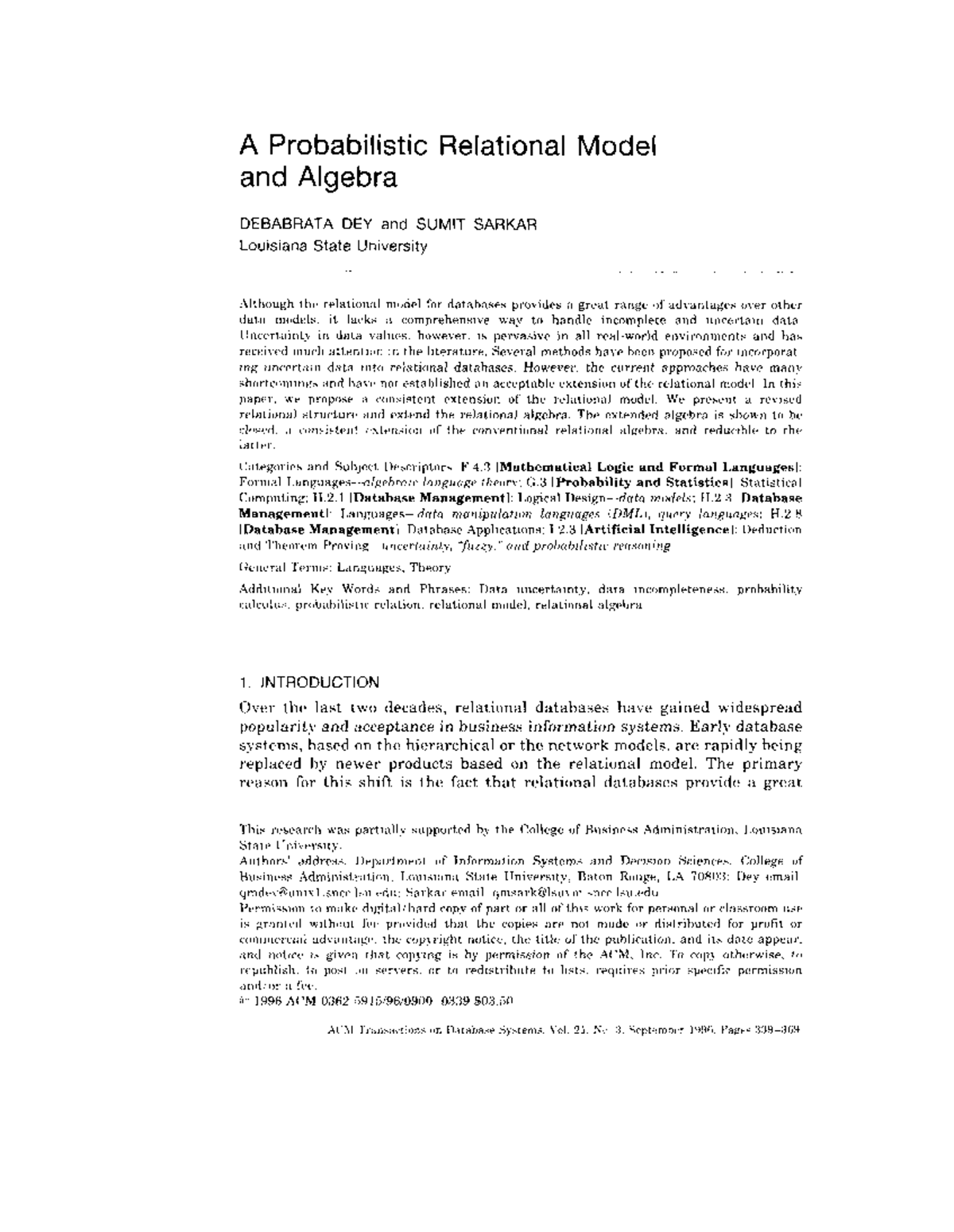 Probabilistic Relational Model with Extended Algebra Insights (Course ...