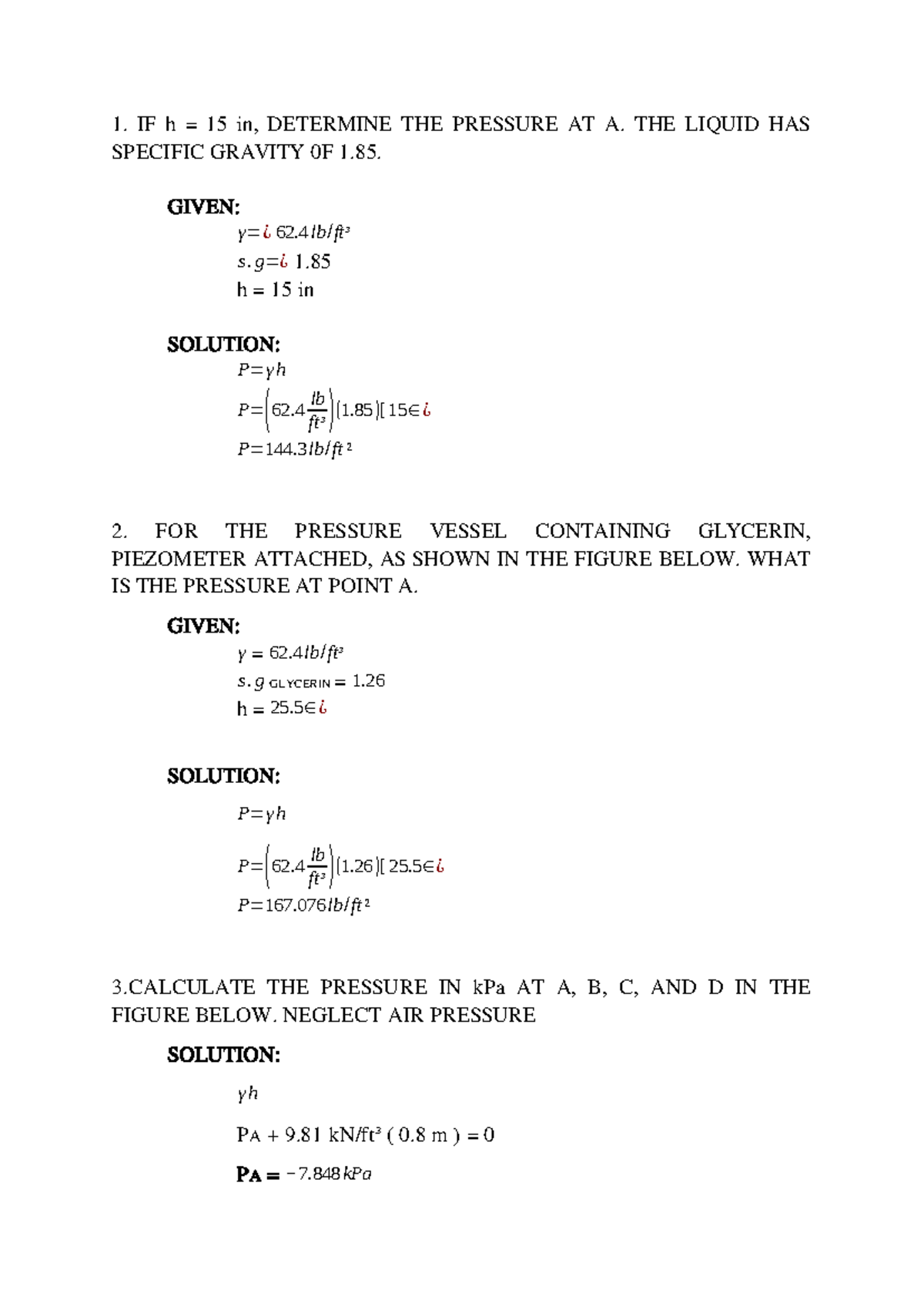 Fluid Mechanics Solved Problems: Pressure Calculations and Applications ...