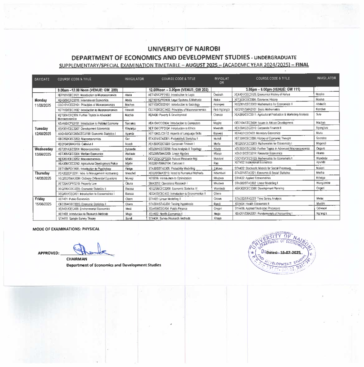 Undergraduate Special Supplementary Exam Timetable - Aug 2025 - Studocu