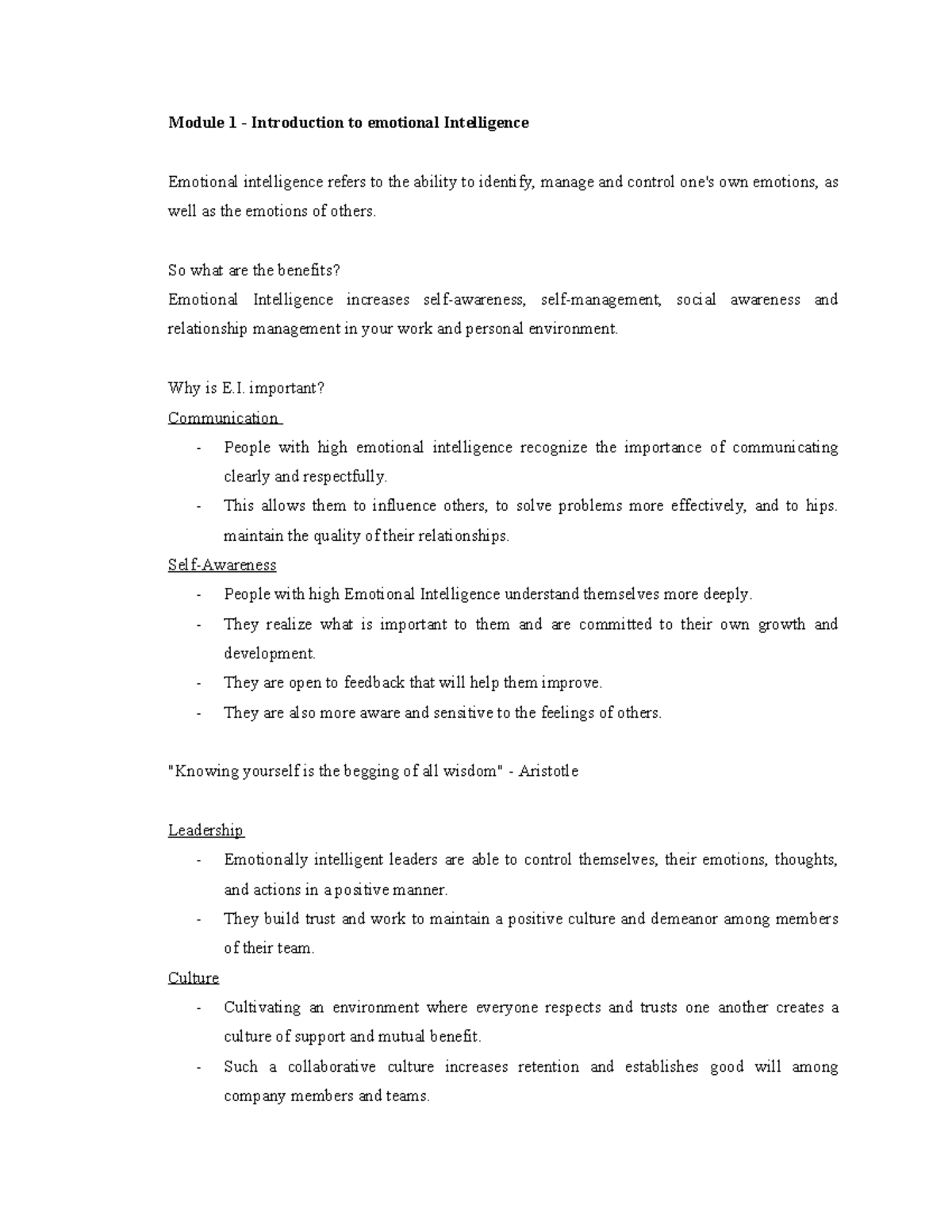 Module 1 - Introduction to emotional Intelligence - Module 1 ...