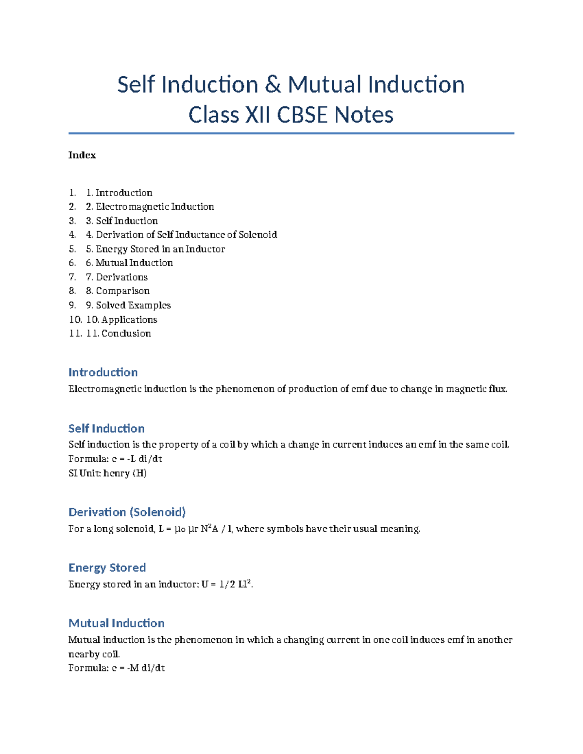 Self Induction & Mutual Induction Class XII CBSE Notes - Studocu