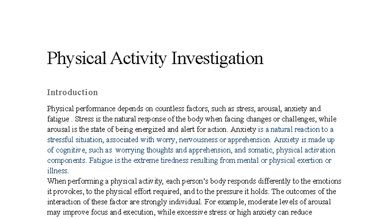Physical Activity Investigation: Effects of Stress, Anxiety, and ...