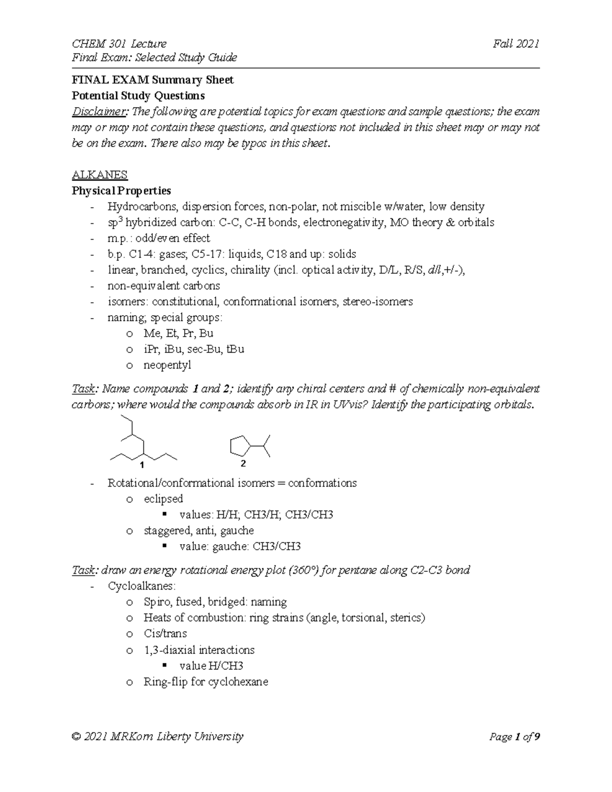 Final Exam ACS Study Guide Fall21 Organic Chemistry Overview - Studocu